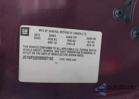 2003 Chevrolet Impala z USA, uszkodzony, nr VIN 2G1WF52E039387182